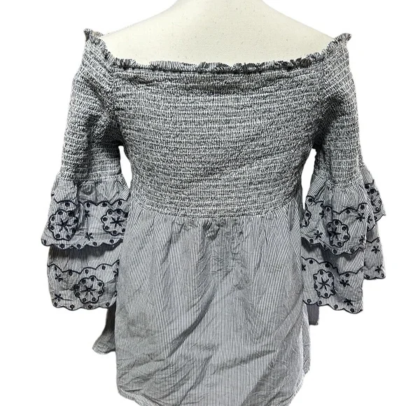 BeachLunchLounge, large, blue embroidered off the shoulder top. Cotton. - Picture 2 of 10